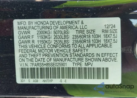 2025 Honda Cr-V Hybrid Sport-L из США, поврежденный, VIN 7FARS5H85SE025901